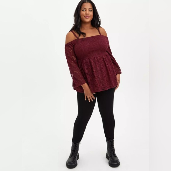 Torrid Babydoll Lace Smocked Cold Shoulder Top in Zinfandel - Size 0 (L/12) - Picture 2 of 5